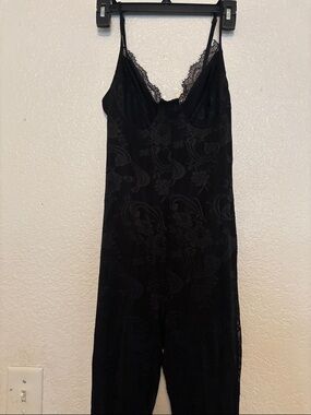 Fashion Nova Black Lace-Trim Satin Slip Jumpsuit